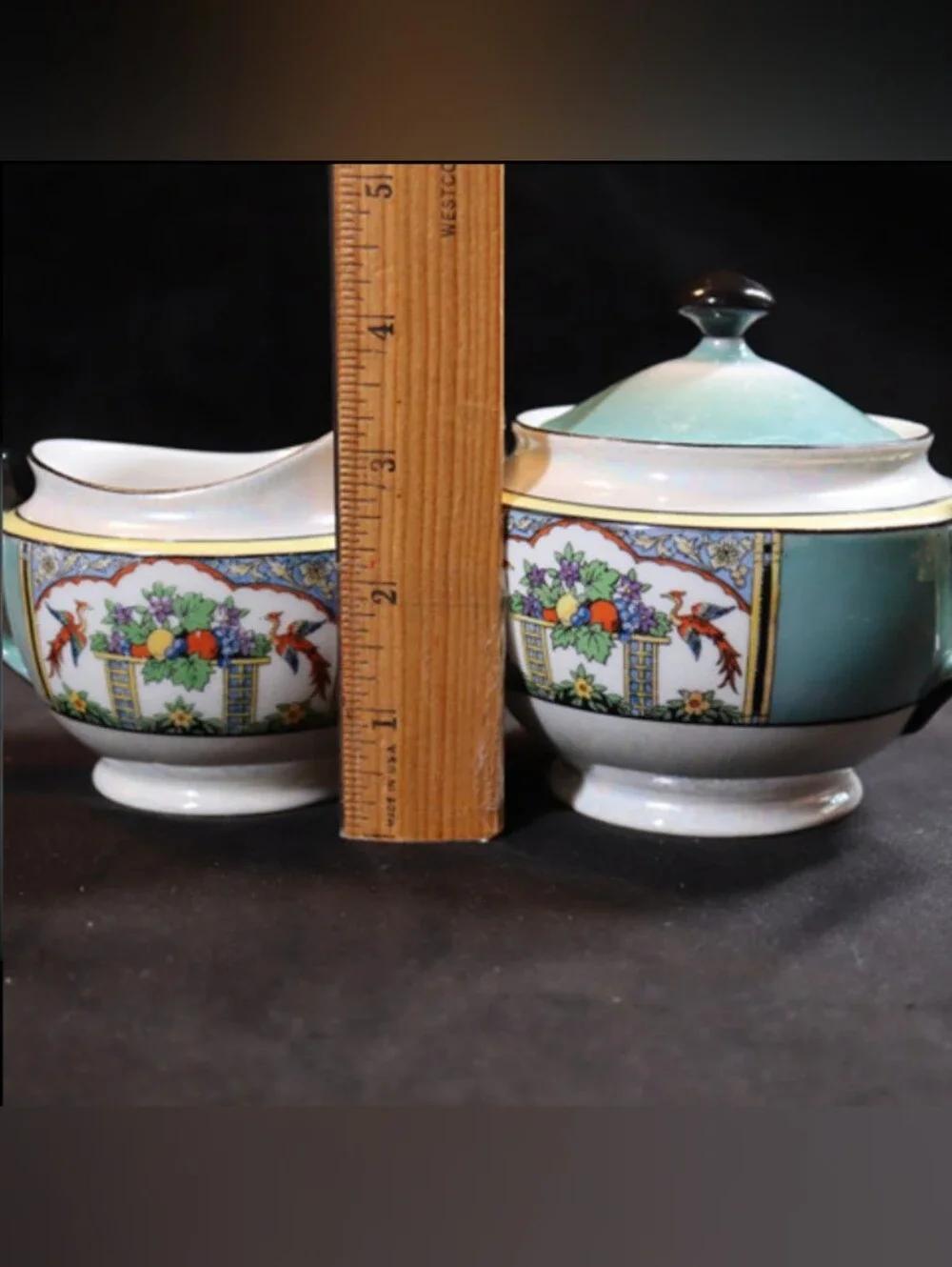 Vintage Noritake Morimura Fruit & Peacock Sugar Bowl with Lid & Creamer Set